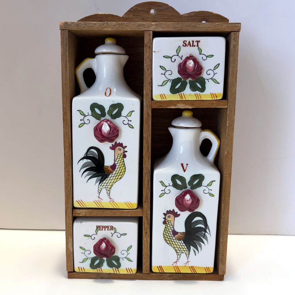 Vintage Japan Rooster Rose Oil Vinegar Salt Pepper Set Wooden Rack 1950s